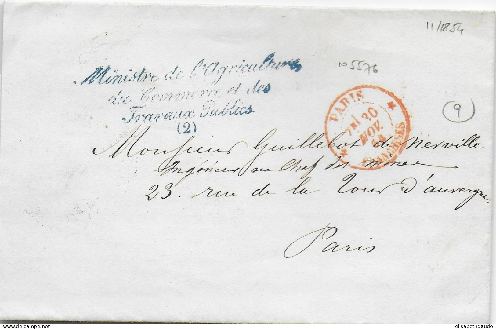 1854 - LETTRE En FRANCHISE Avec MARQUE Du MINISTRE De L'AGRICULTURE Du COMMERCE Et Des TRAVAUX PUBLICS à PARIS - Lettres Civiles En Franchise