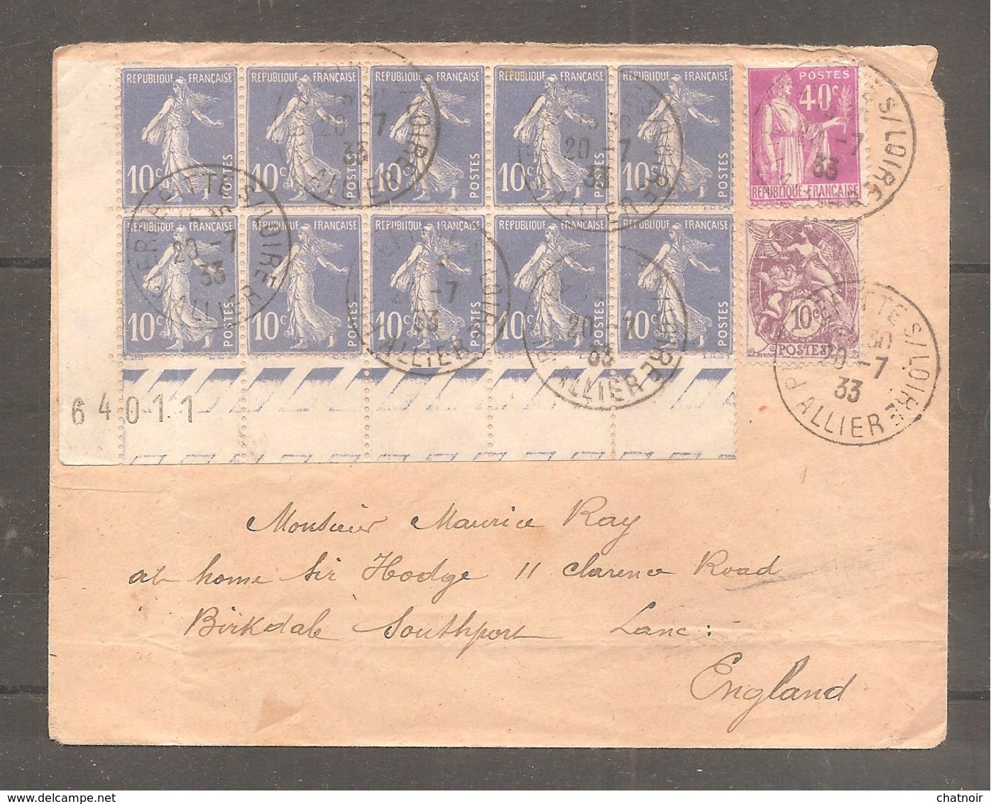 Enveloppe  Oblit PIERREFITTE SUR LOIRE  ALLIER  1933 BLOC 10 X 10c Semeuse  40c Paix 10v Blanc Pour Angleterre - 1906-38 Säerin, Untergrund Glatt