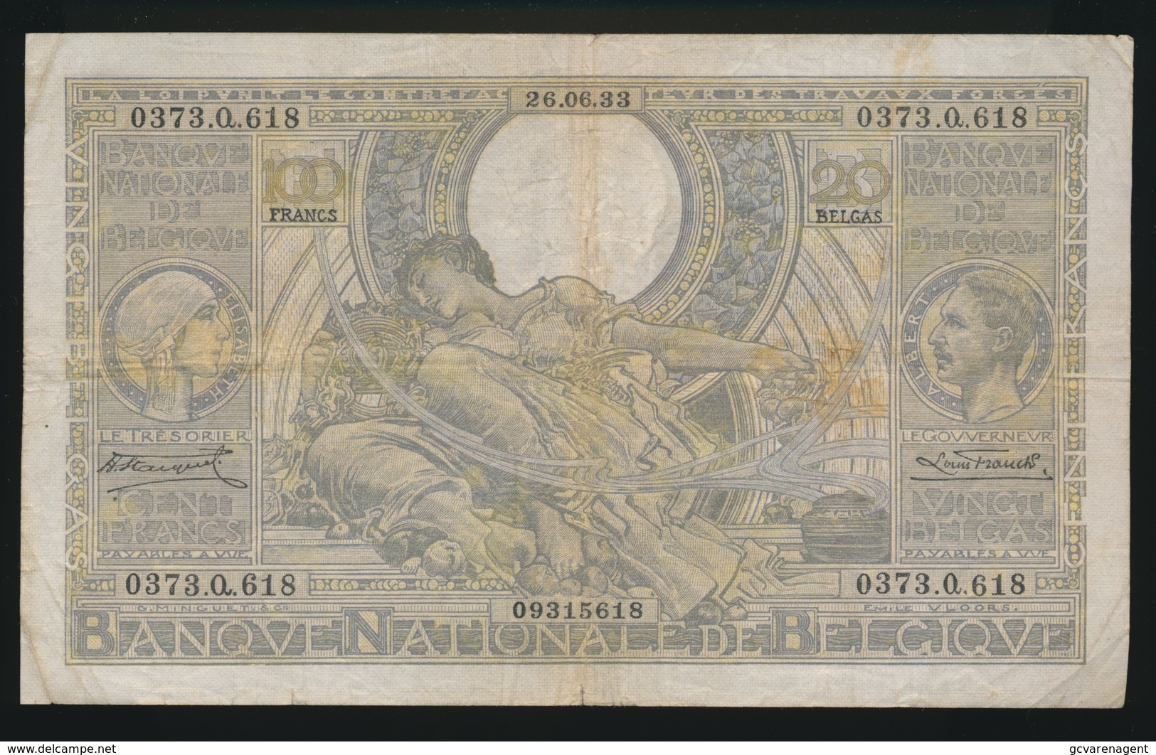 100 FRANK OF 20 BELGAS  - VERNIETIGD BILJET   2 SCANS   26.06.33 - 100 Francs & 100 Francs-20 Belgas