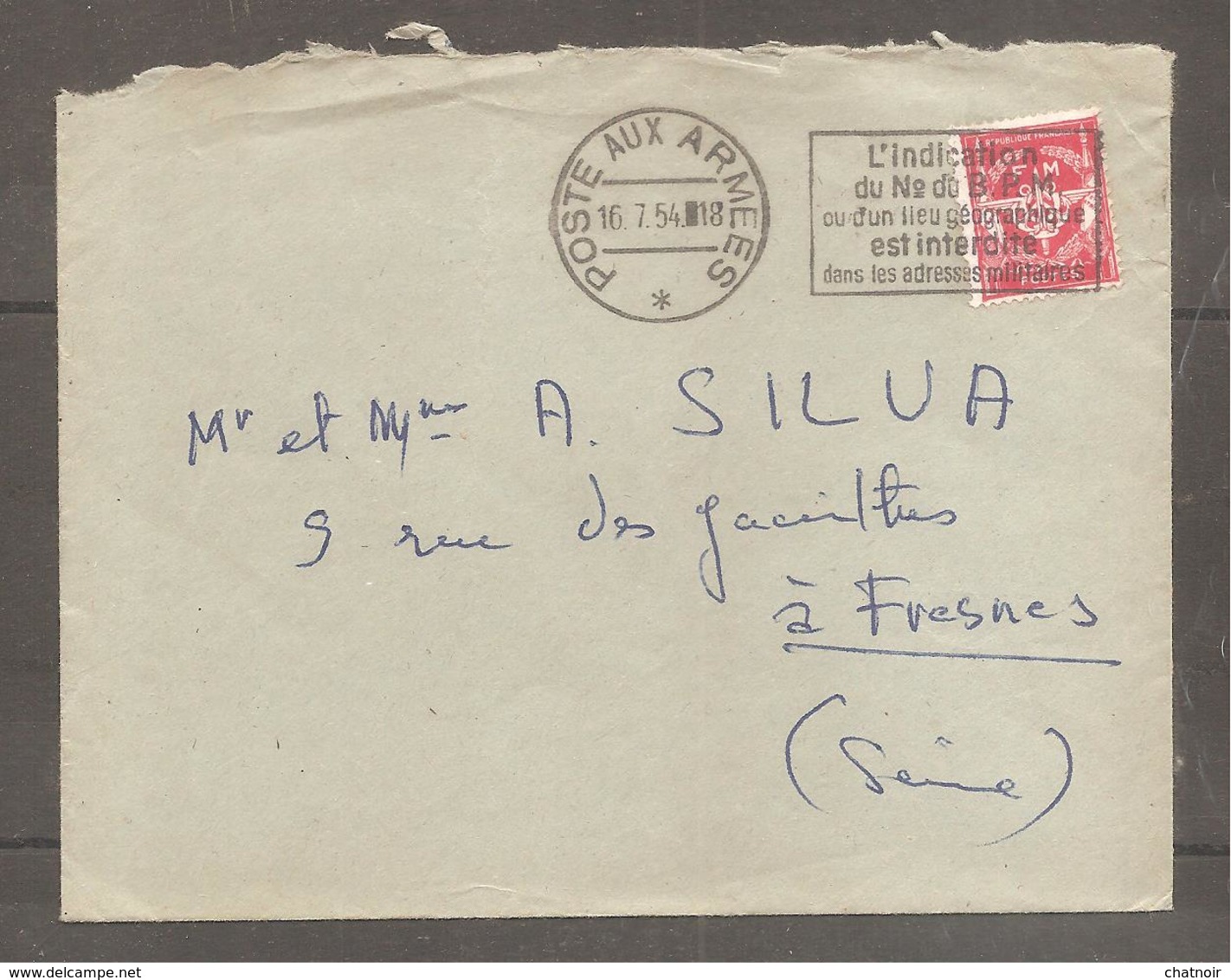 Enveloppe  Oblit  POSTE AUX ARMEES  1954  " Indication  Du N Du BPM...." Timbre FM - Sellos De Franquicias Militares