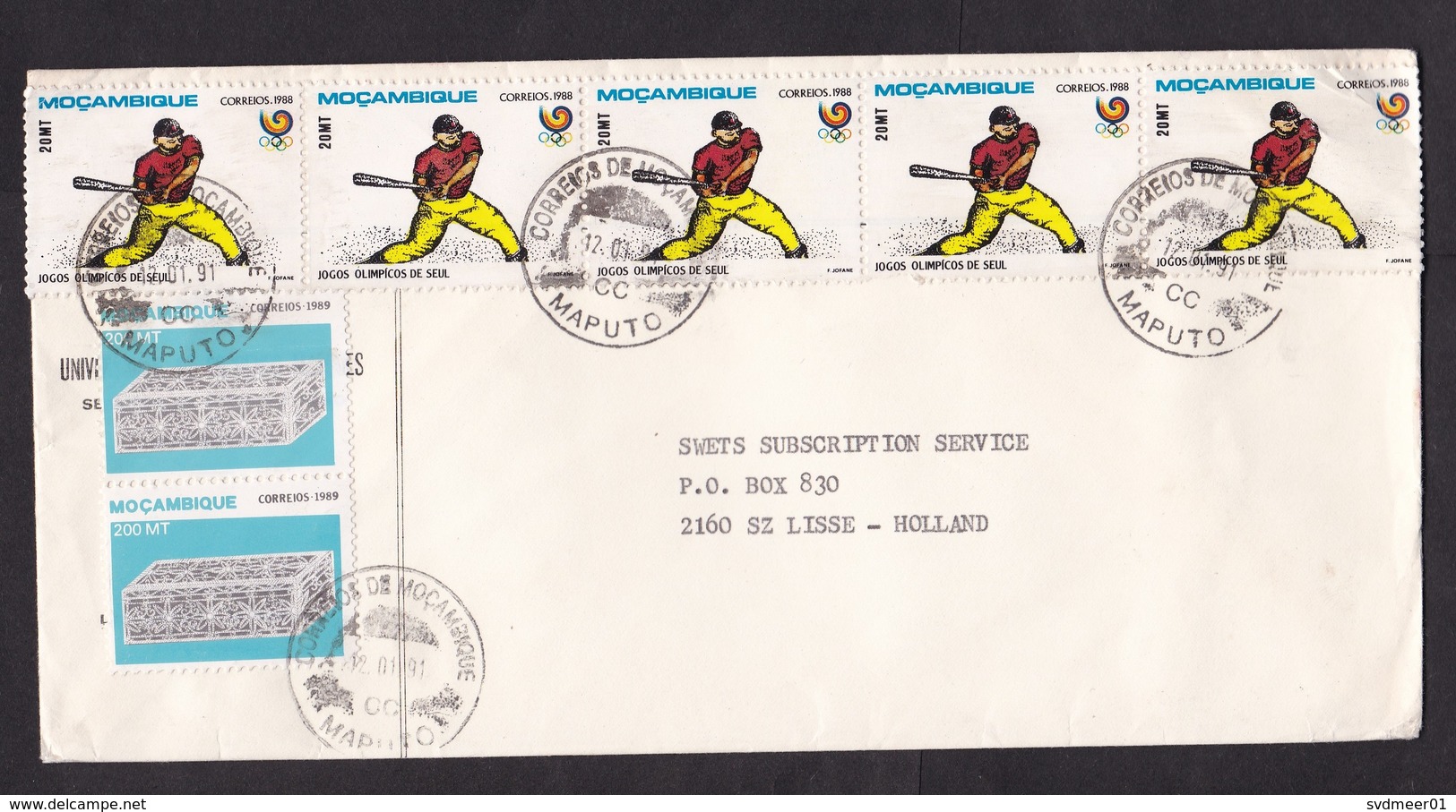 Mozambique: Cover To Netherlands, 1991, 7 Stamps, Olympics, Baseball, Craft, Rare Real Use (2 Stamps Damaged) - Mozambique