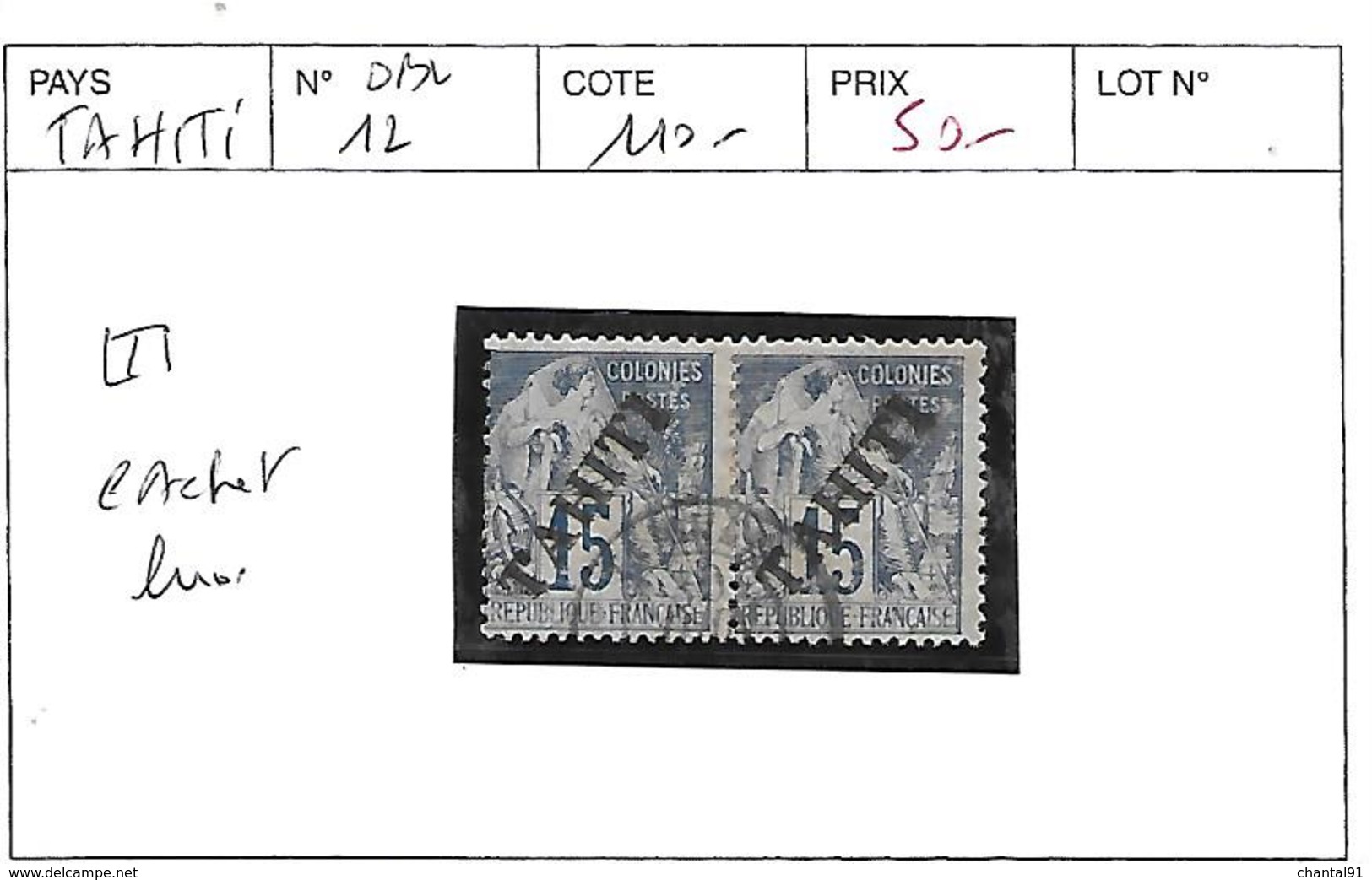 TAHITI N° 12 OBL EN PAIRE - Used Stamps