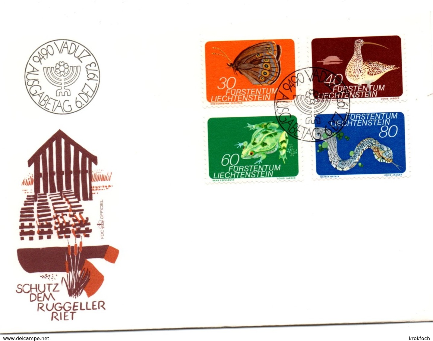 Grenouille Frog Serpent Snake Papillon Butterfly Oiseau Courlis - FDC Lichtenstein 1973 - UPU - Grenouilles