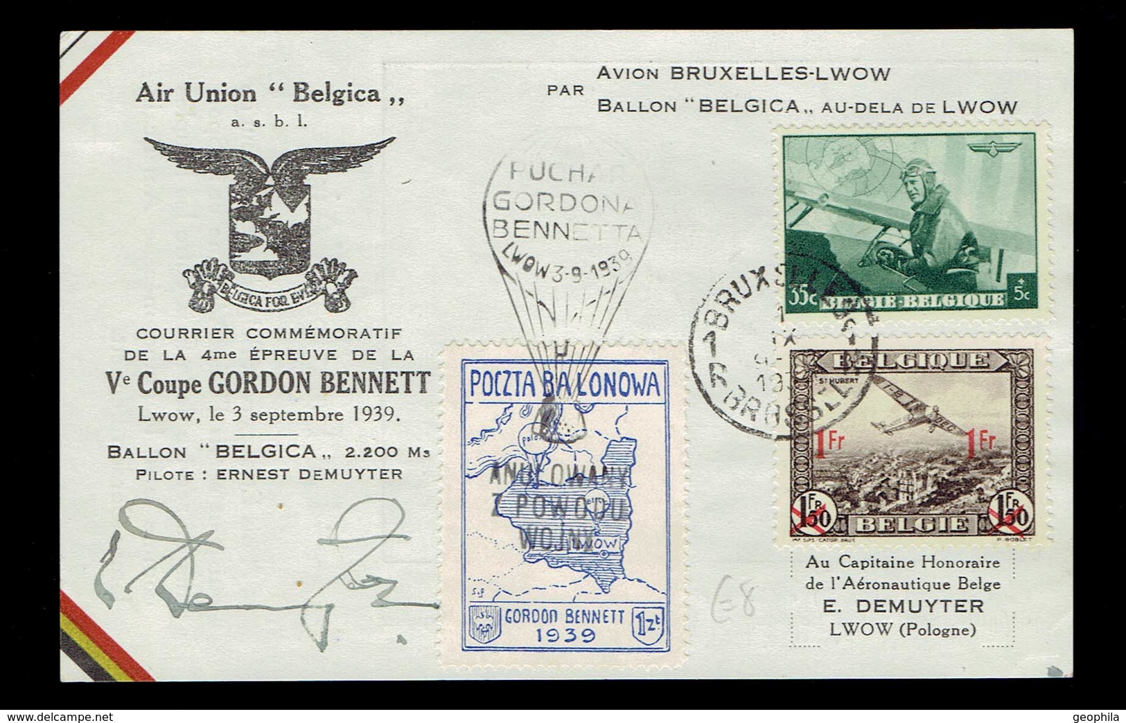 Carte Commémorative Coupe Gordon Bennett COB 467 + PA 6 + Vignettes Polonaise Poctza Balonawa  Bleue - Andere & Zonder Classificatie