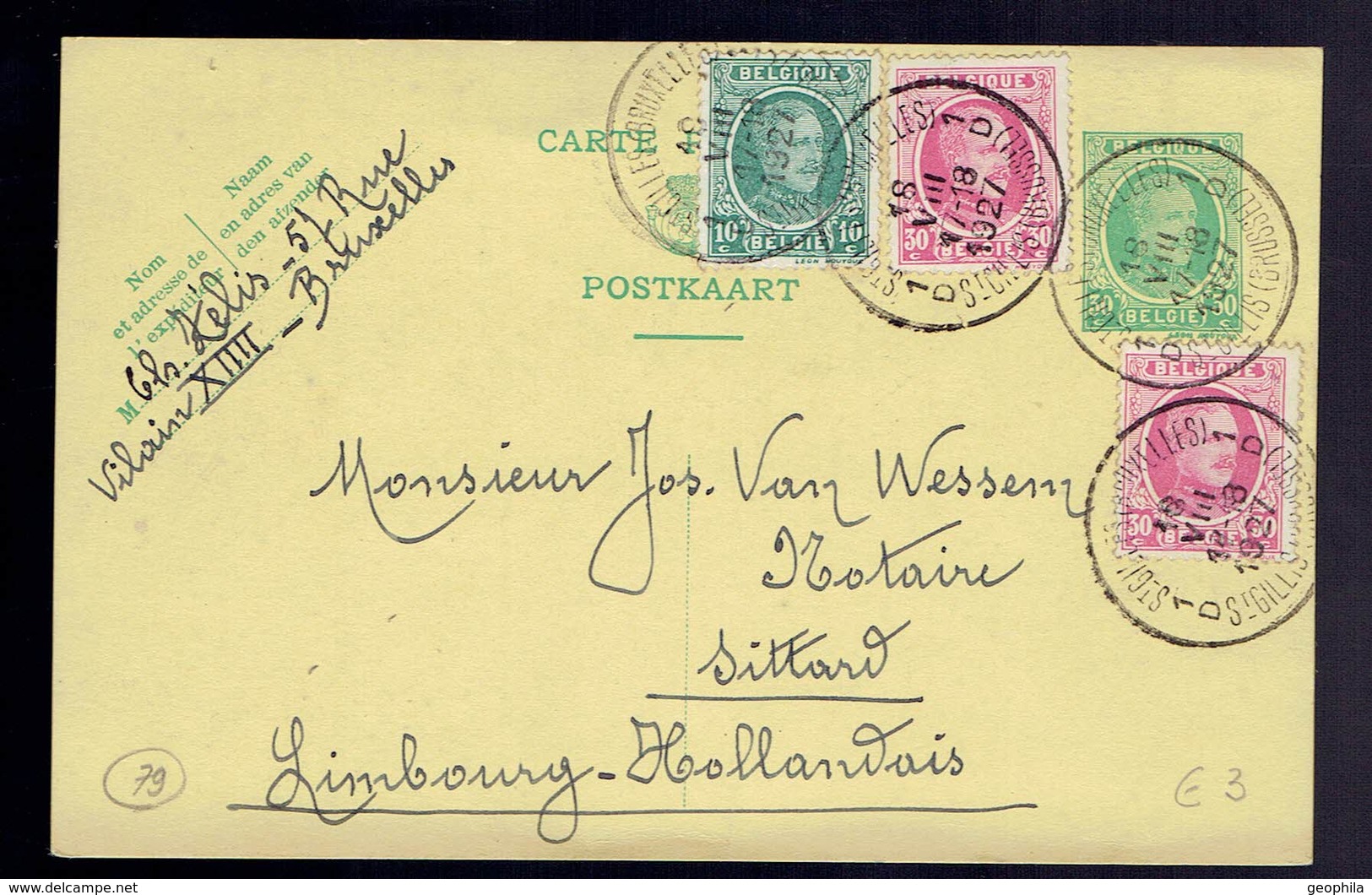 CP 79 + 194 +  200 X 2 De St Gilles ( Bruxelles ) 18 VIII 1927 Vers Sittard Limbourg Hollandais - Cartes Postales 1909-1934