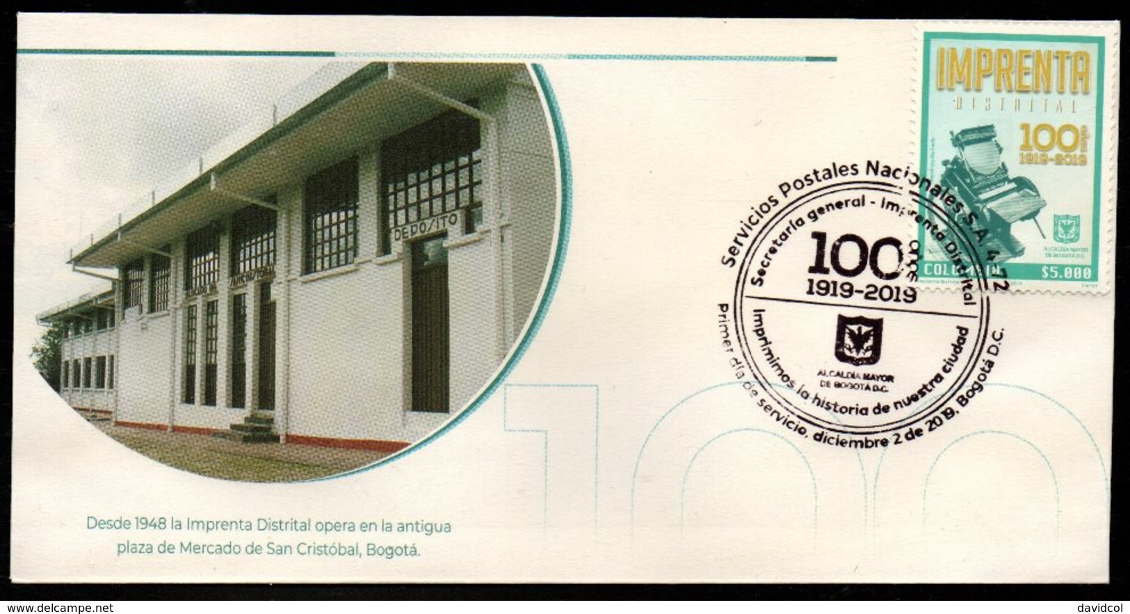 COLOMBIA- 2019 - FDC / SPD - NATIONAL PRINTING 100 YEARS 1919-2019 - Colombia