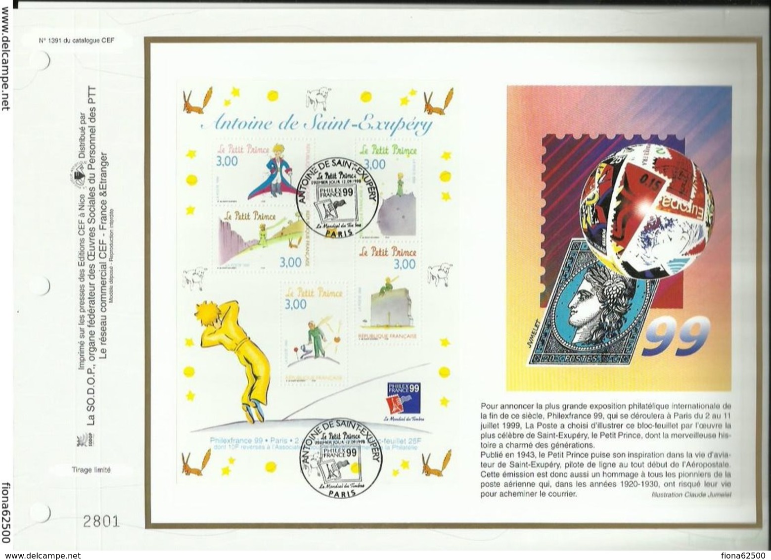 N° 1391 DU CATALOGUE CEF . ANTOINE DE SAINT-EXUPERY . LE PETIT PRINCE . 12 SEPTEMBRE 1998 . PARIS . - 1990-1999