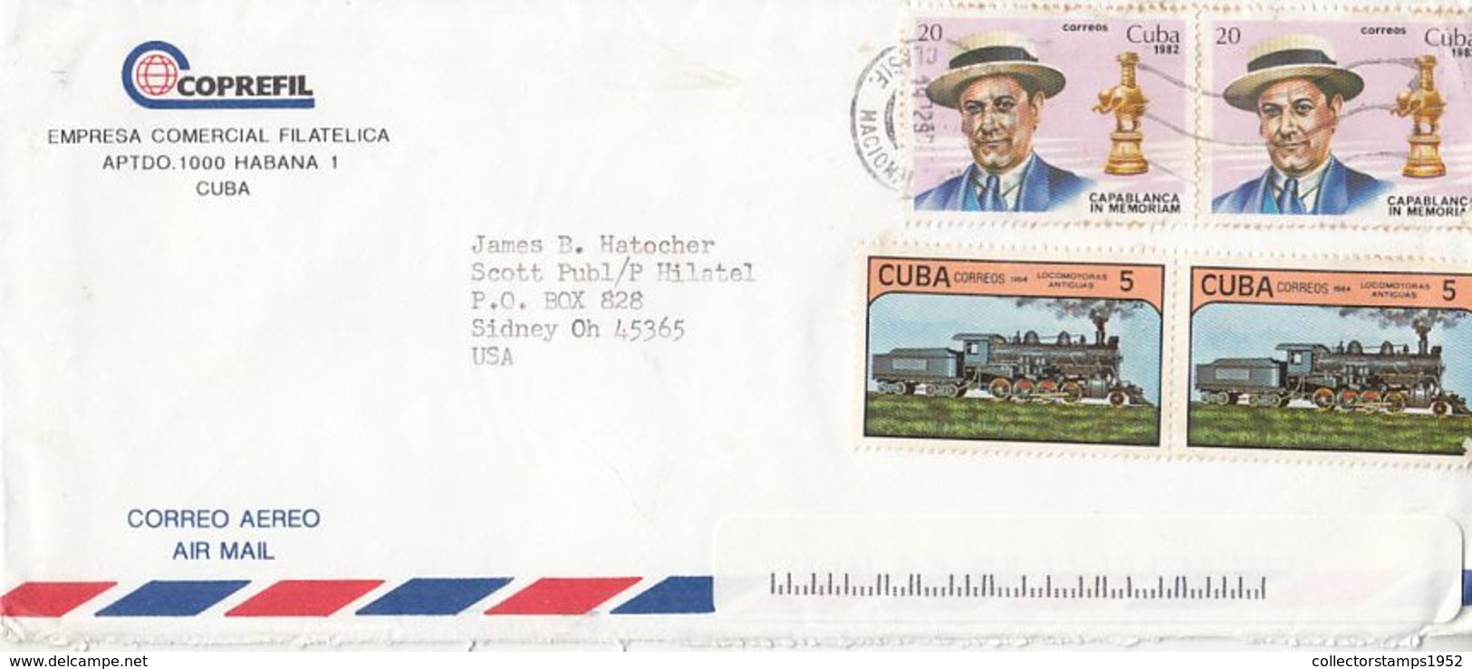 7571FM- CAPABLANCA, TRAIN, LOCOMOTIVE, STAMPS ON COVER, 1990, CUBA - Lettres & Documents