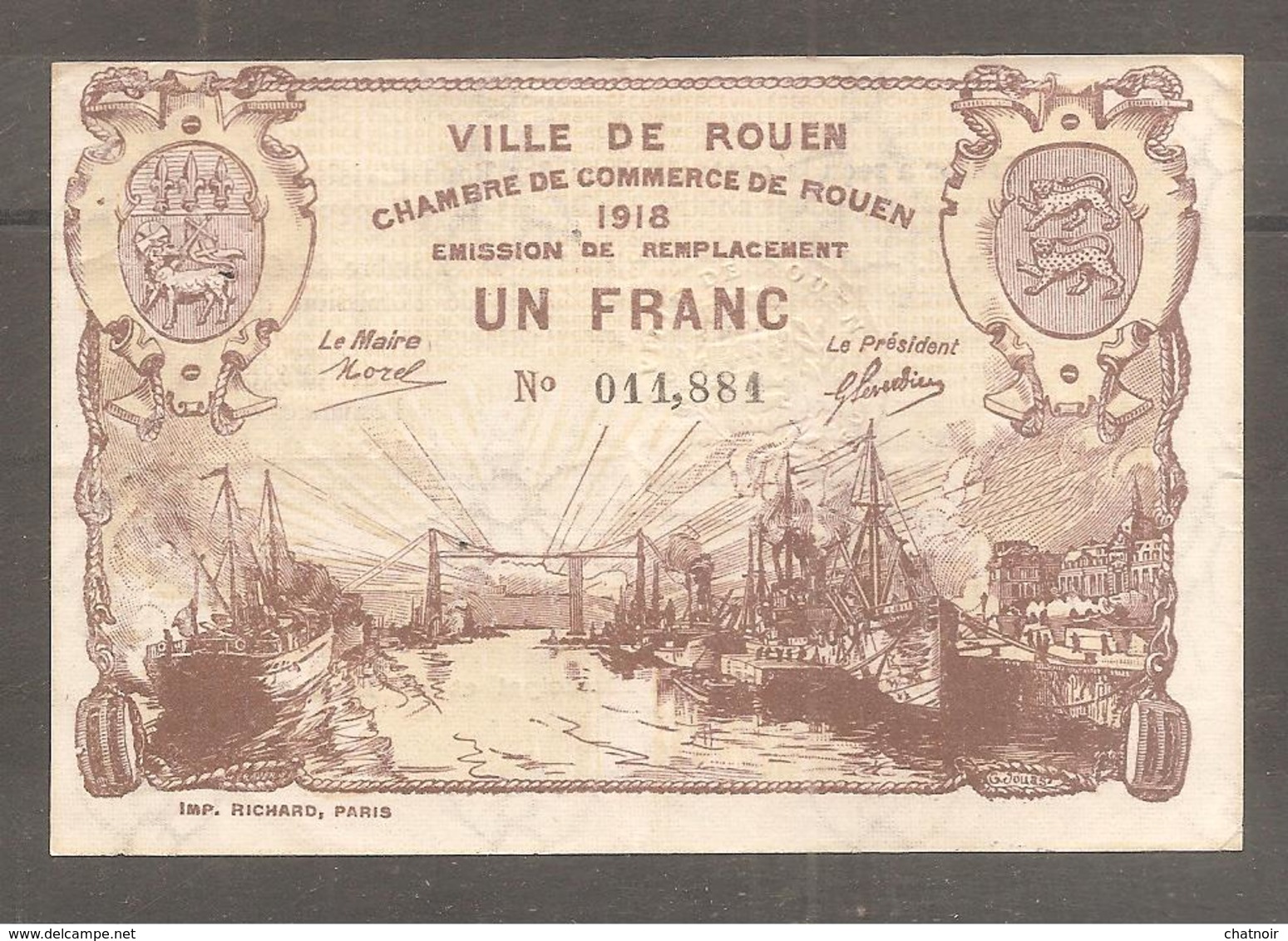 Billet De La Chambre De Commerce De ROUEN   1918  UN FRANC /bateau - Collections