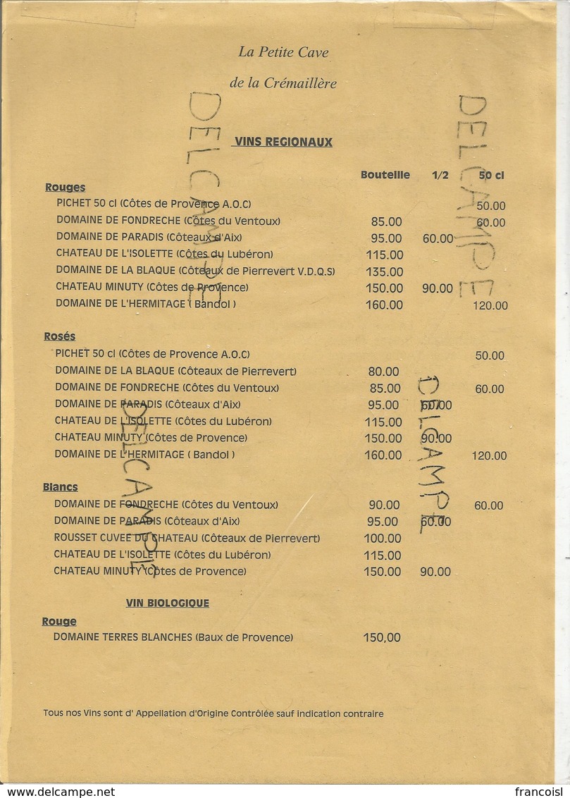 Restaurant "La Crémaillère" à Gréoux-les-Bains En Juillet 1999. - Menus