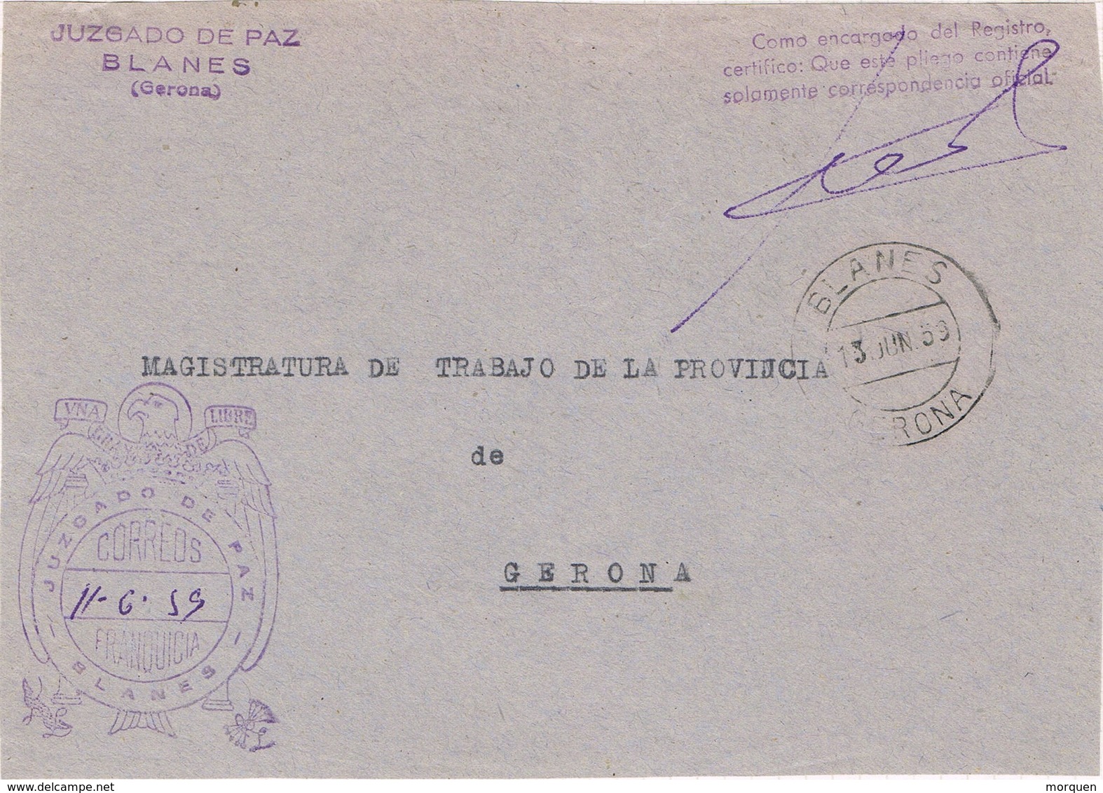 34846. Frontal S.N. Franquicia Juzgado De Paz BLANES (Gerona) 1959. Fechador Blanes - Cartas & Documentos