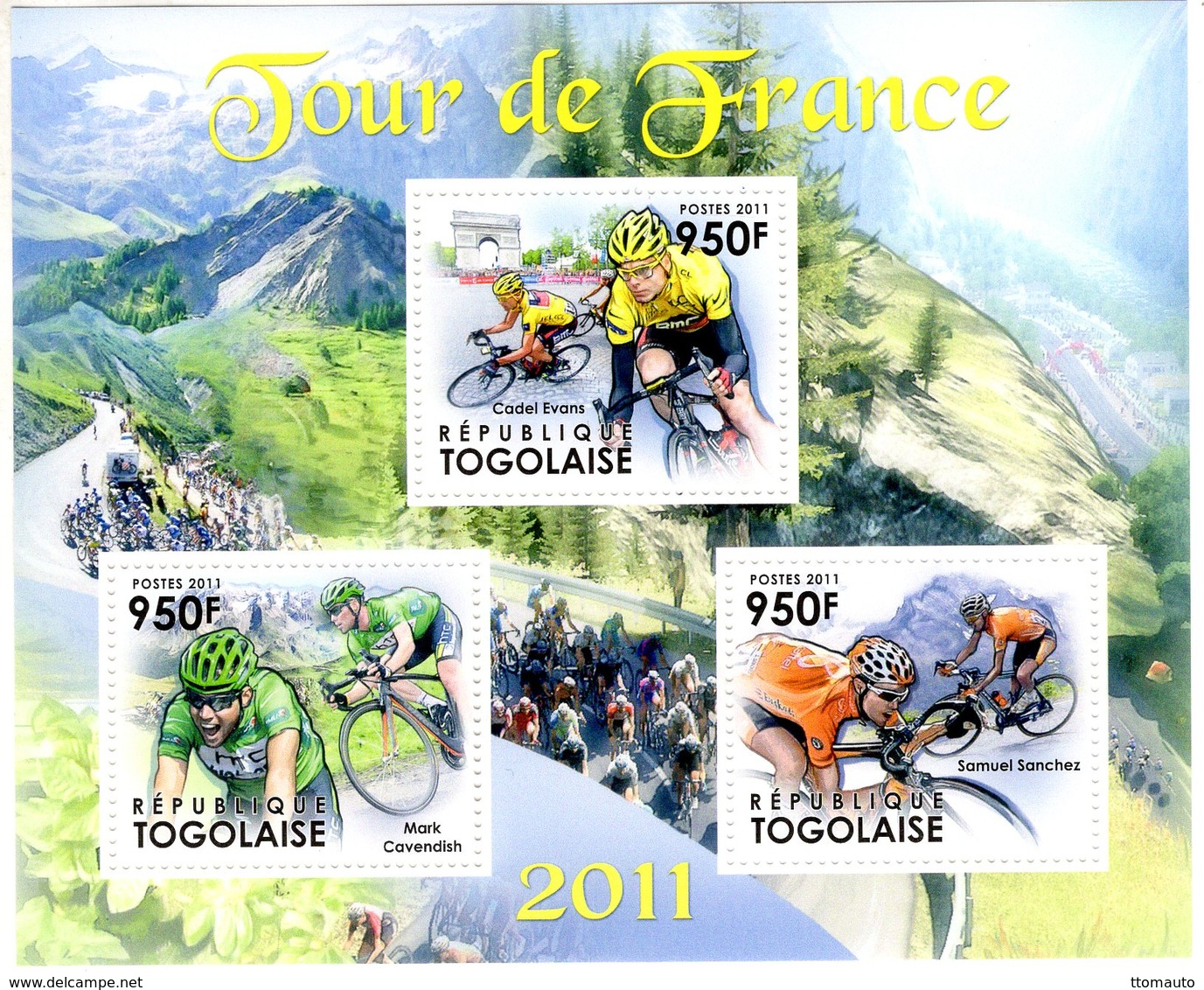 Tour De France  -  Cadel Evans-Mark Cavendish-Samuel Sanchez  -    Togolaise 2011 3v Sheet Neuf/Mint/MNH - Cyclisme