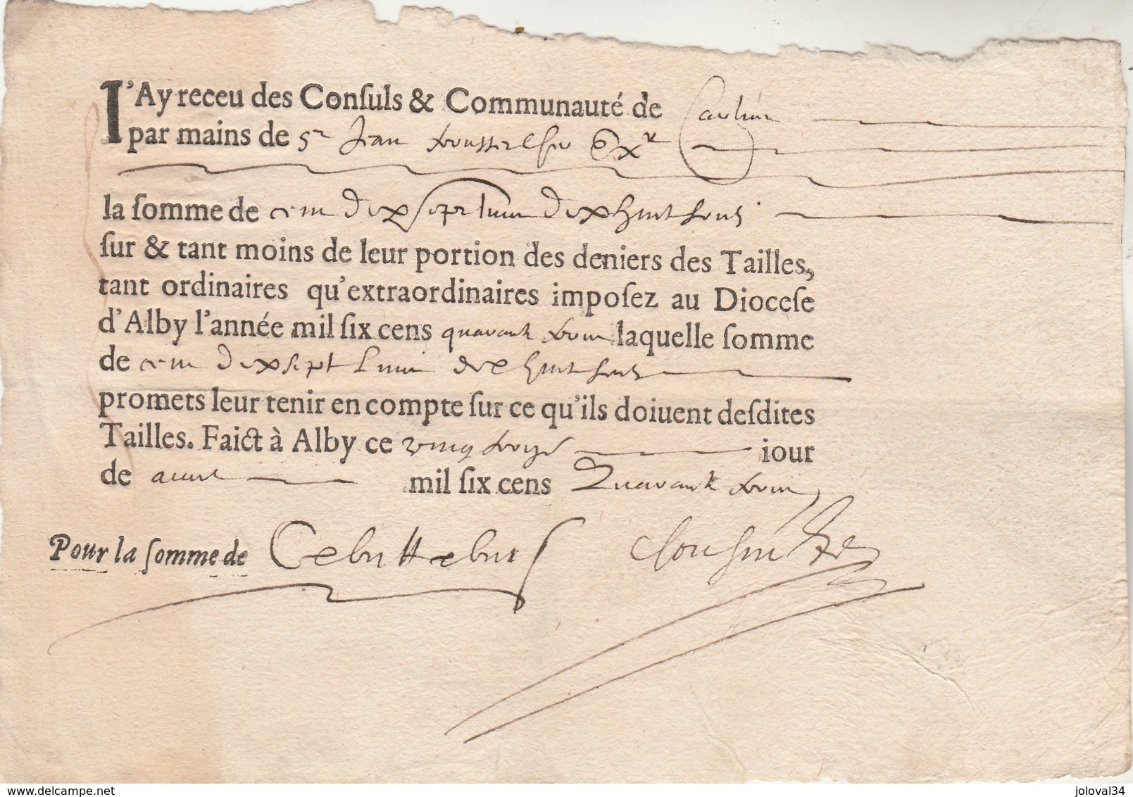 23/8/1642 Portion Des Deniers Des Tailles Consuls & Communauté De Castres ?  Diocèse D'Alby ( Albi ) Tarn - Manoscritti