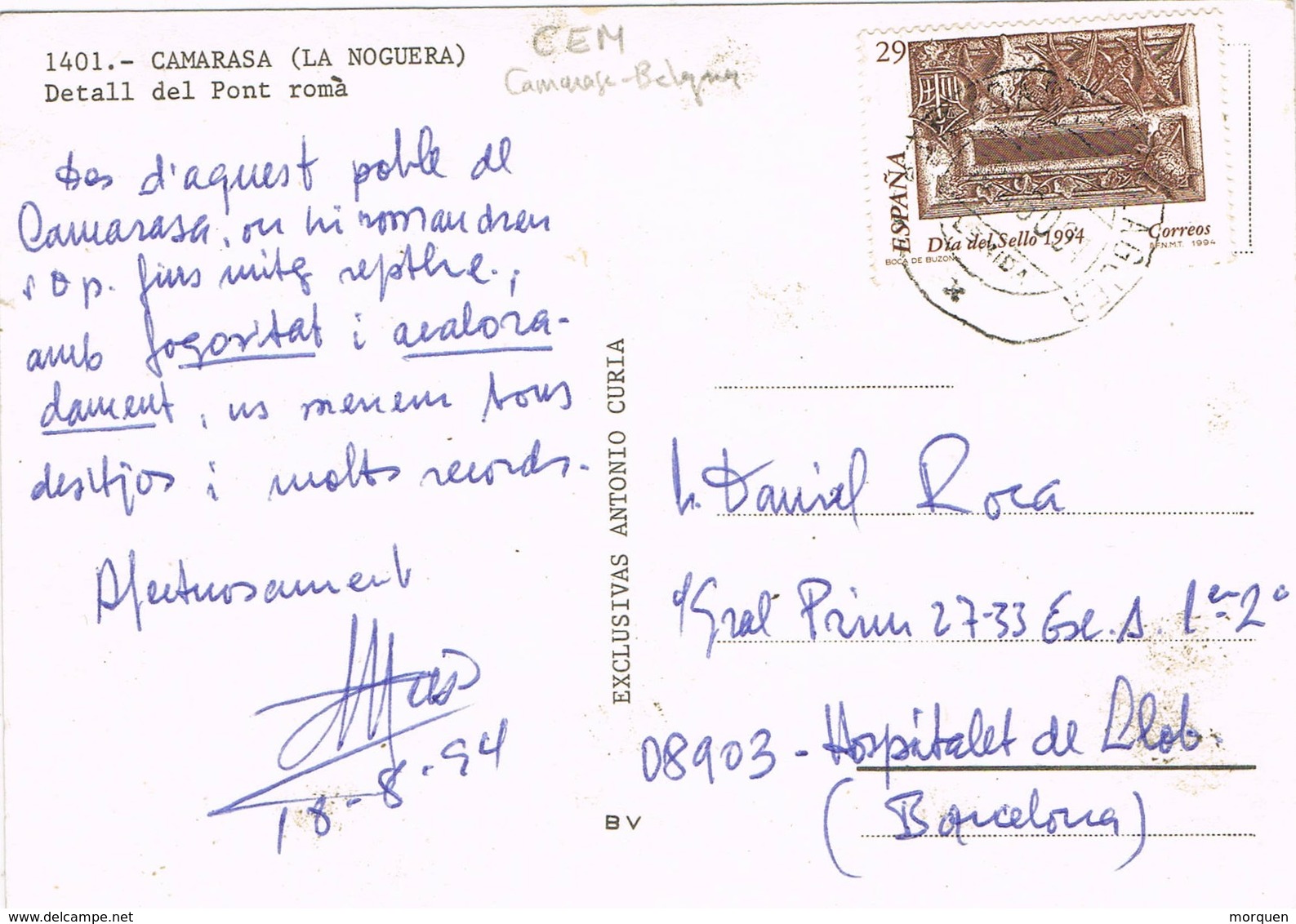 34850. Postal CAMARASA (Lerida) 1994. Fechador C.E.M. Camarasa-Balaguer. Correo Especial Motorizado - Cartas & Documentos