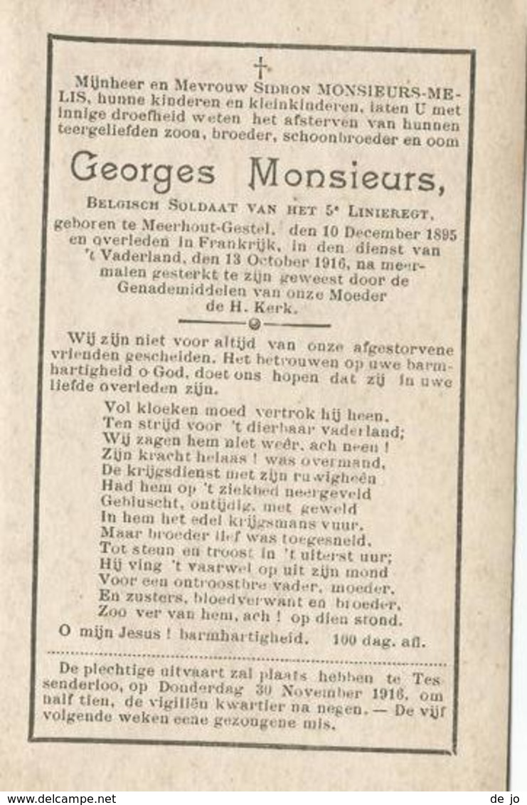 MONSIEURS Georges Oorlogslachtoffer WW1 Victime °1895 Meerhout - Gestel + 1916 FRANCE Soldaat 14-18 5 Linieregiment - Godsdienst & Esoterisme