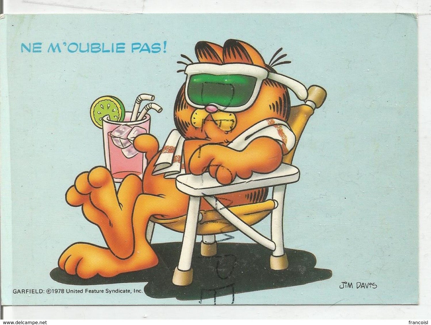 Garfield En Transat Et Rafraîchissement:"Ne M'oublie Pas". Signée Jim Davis. - Bandes Dessinées