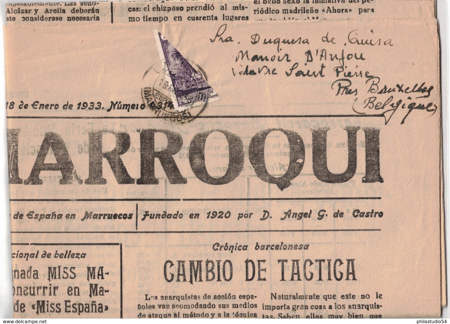 1933, Complete Newspaper Franked With Bisected 20 Ct. Definitive From LARACHE To Belgium - Maroc Espagnol
