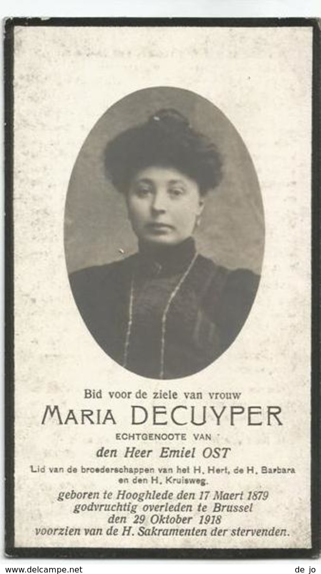 DECUYPER Maria °1879 Hooglede +1918 Brussel Echt. OST Emiel Doodsprentje Image Mortuaire Funeral Card Immaginetta - Godsdienst & Esoterisme