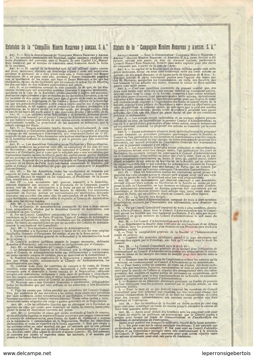 Titre Ancien - Compañia Minera Nazareno Y Anexas En Temascaltepec Estado De Mexico - Sociedad Anonyma - Titulo De 1910 - Mijnen