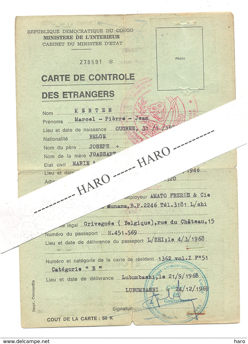 République Démocratique Du Congo - Carte De Contrôle Des Etrangers - Visa, Passeport ,, LUBUMBASHI 1968 (b270) - Documents Historiques