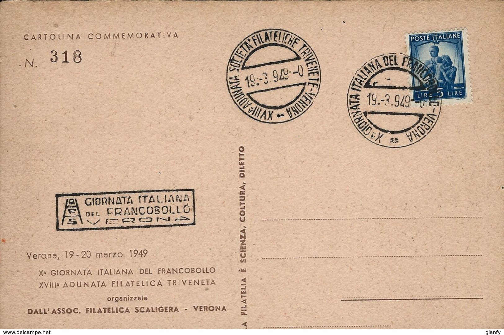 VERONA Xa GIORNATA ITALIANA DEL FRANCOBOLLO 1949 ANNULLO FDC - Collector Fairs & Bourses