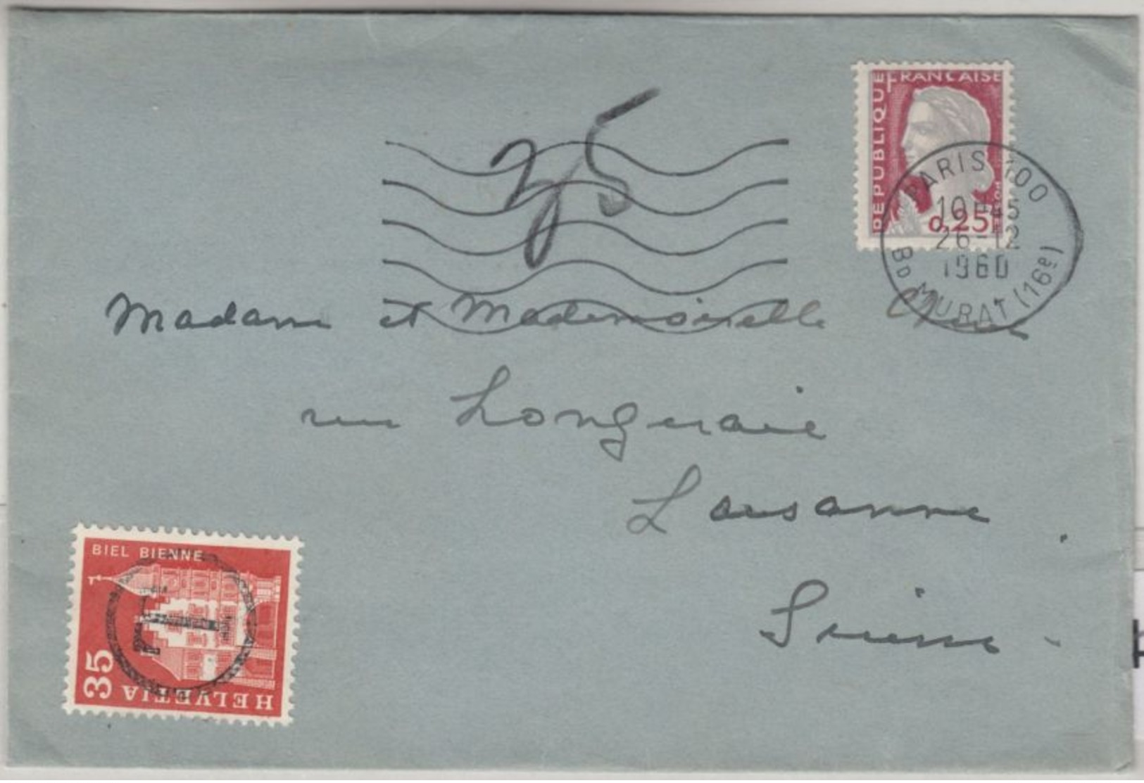 Schweiz/Frankreich - 35 Rp. Bauwerke, Nachportomarke Brief Paris - Lausanne 1960 - Portomarken