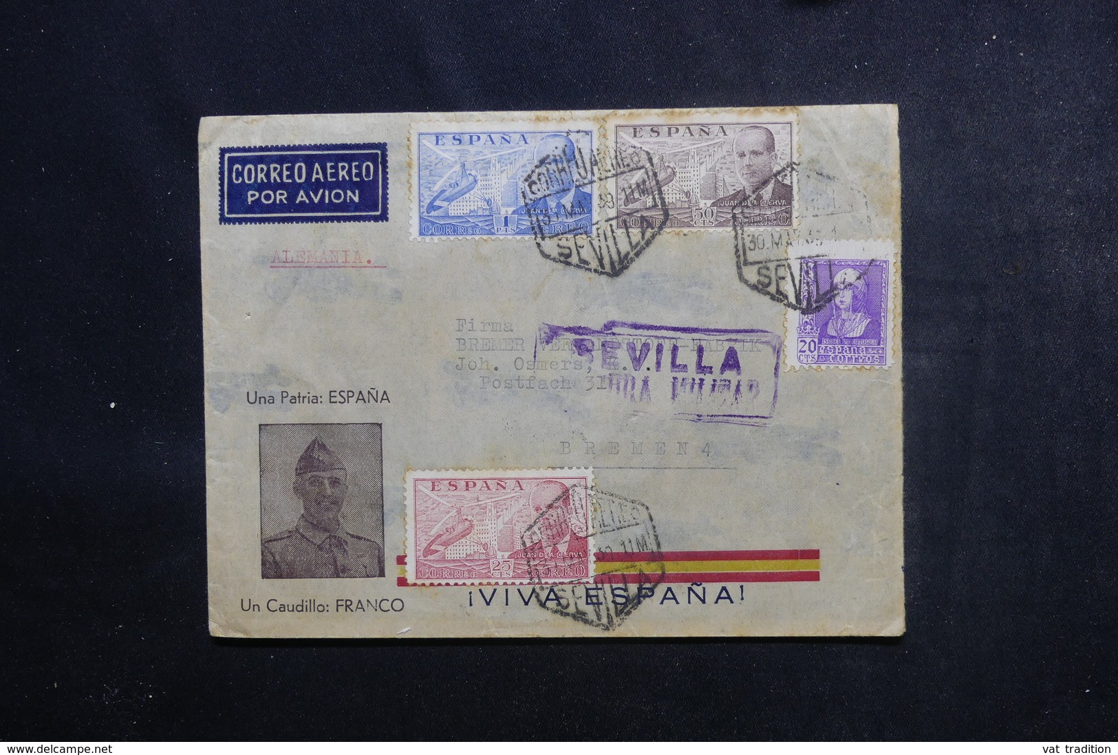 ESPAGNE - Censure De Sevilla Sur Enveloppe Patriotique De Franco En 1939 Pour L 'Allemagne - L 48381 - Marques De Censures Nationalistes