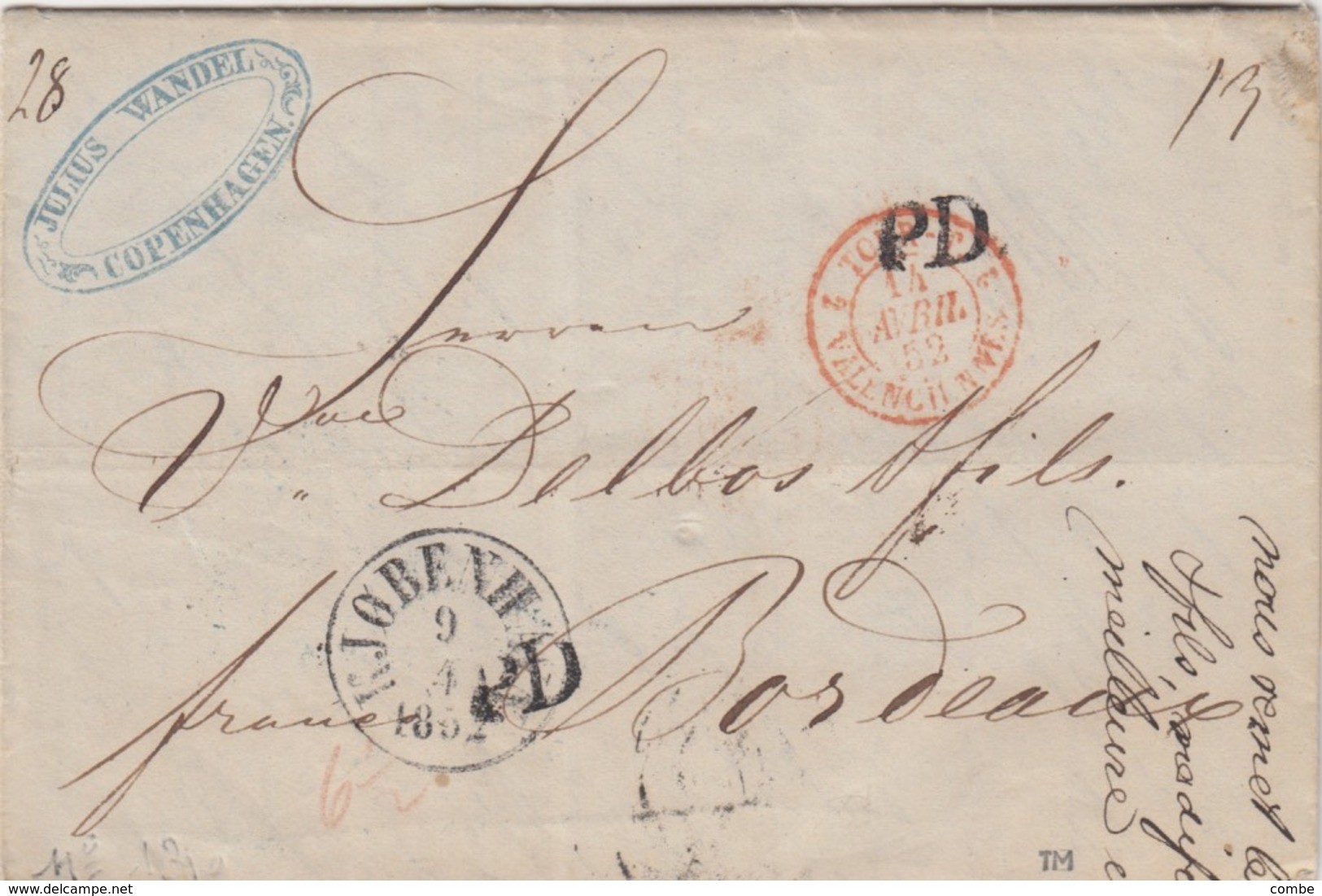 LETTRE DANMARK. 9 4 1852. JULES WANDEL COPENHAGUE. POUR BORDEAUX PAR HAMBURG ET PARIS. ENTREE TOUR-TAXIS VAL - ...-1851 Vorphilatelie