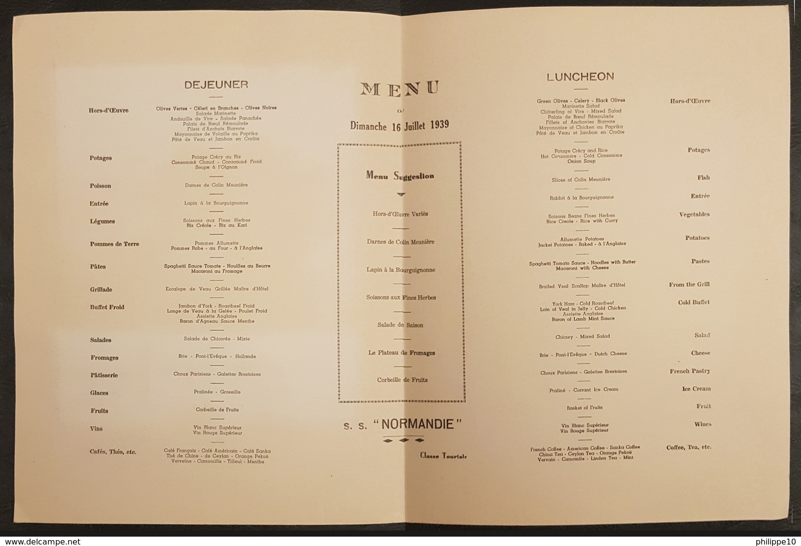 MENU FRENCH-LINE - PAQUEBOT SS/NORMANDIE Classe Touriste - Déjeuner 16/07/1939 - Other & Unclassified