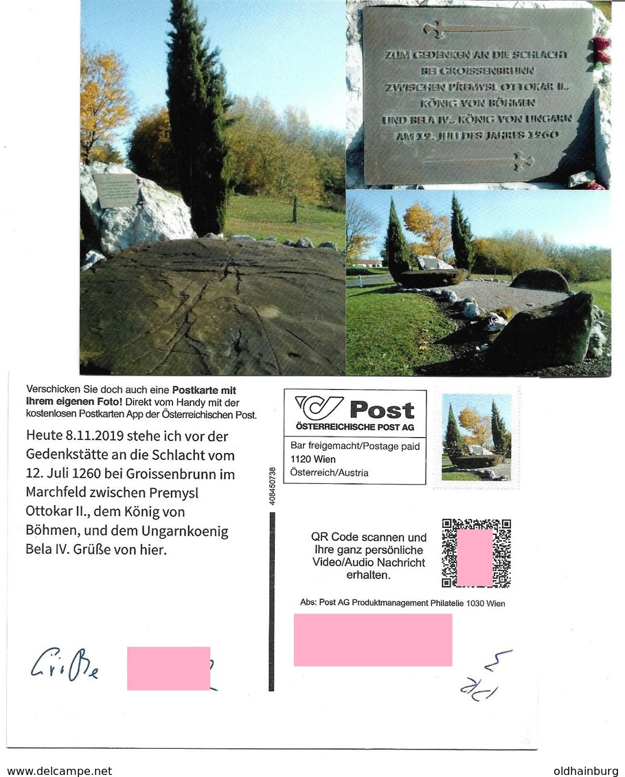 1535p: Privatganzsache AK Postkarten-App: A- 2292 Groißenbrunn Bei Engelhartstetten, Schlacht 1260 Im Marchfeld - Gänserndorf