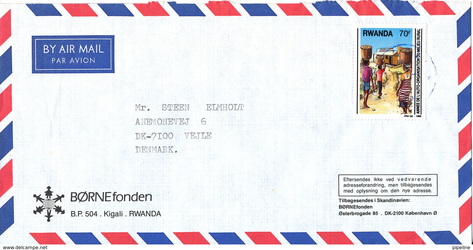 Rwanda Air Mail Cover Börnefonden Sent To Denmark 1989 Single Franked - Otros & Sin Clasificación