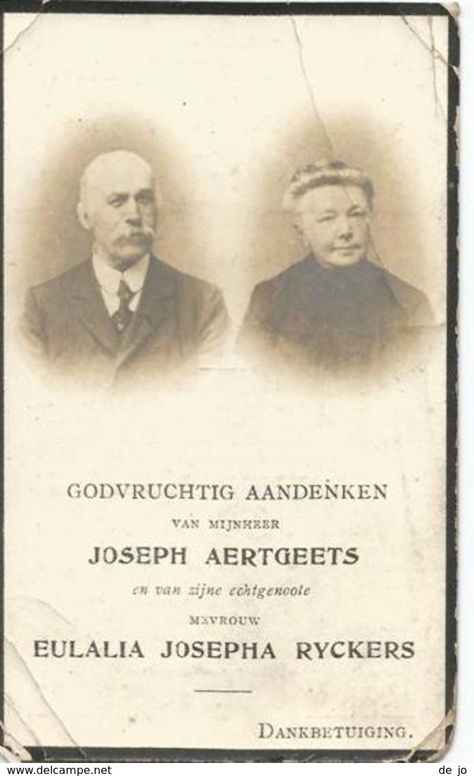 AERTGEETS Joseph °1846 Mechelen + 1917 & RYCKERS Eulalia ° 1850 Mechelen + 1917 Doodsprentje - Godsdienst & Esoterisme