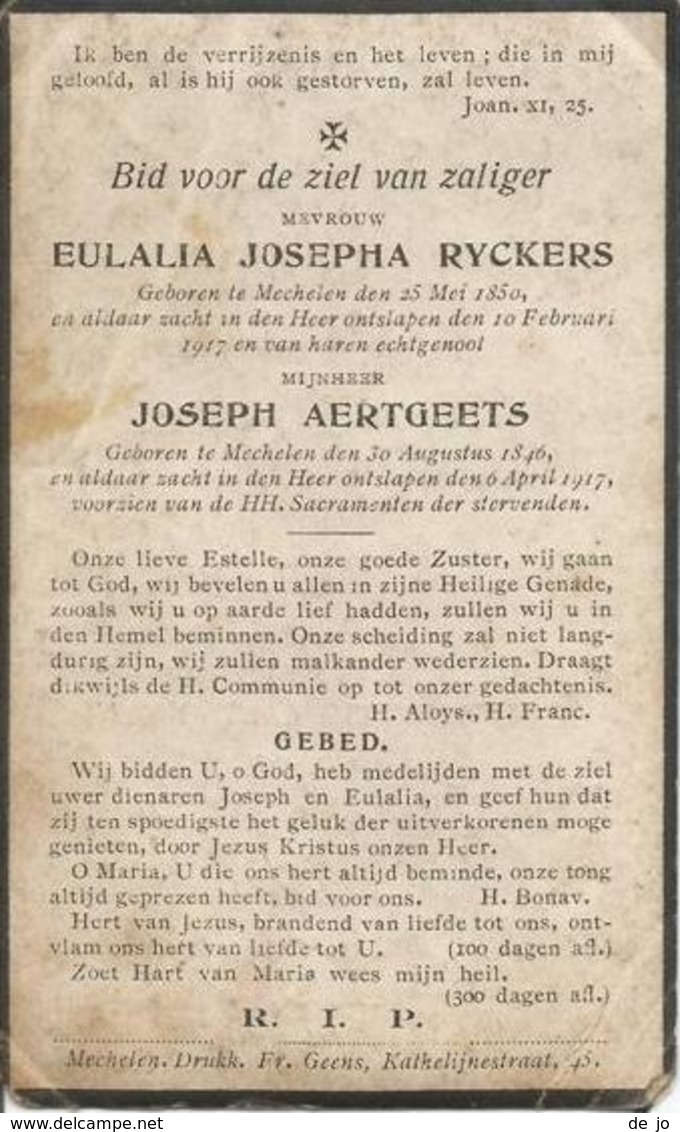 AERTGEETS Joseph °1846 Mechelen + 1917 & RYCKERS Eulalia ° 1850 Mechelen + 1917 Doodsprentje - Godsdienst & Esoterisme