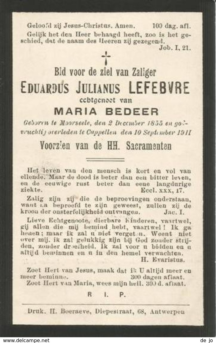 LEFEBVRE Eduardus °1855 Moorsele +1911 Kapelle Echt Debeer  Doodsprentje Image Mortuaire Funeral Card - Godsdienst & Esoterisme