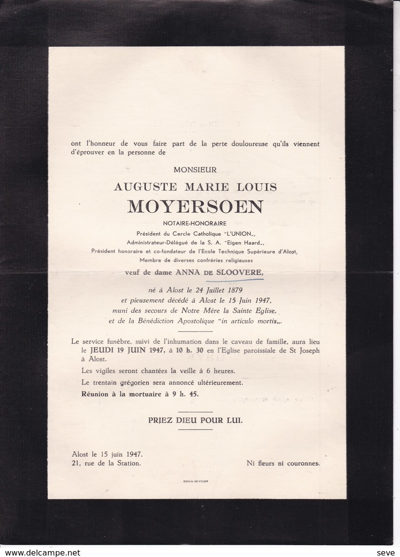 ALOST AALST Auguste MOYERSOEN Notaire Honoraire Veuf De SLOOVERE 1879-1947 Cercle Catholique 2 Volets Complets - Todesanzeige