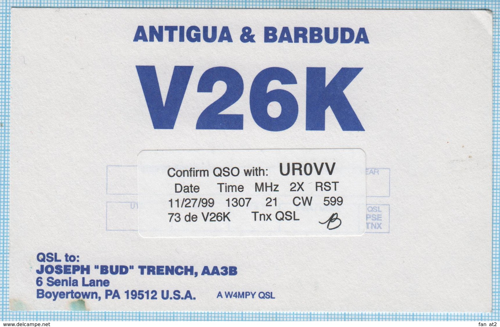 ANTIGUA & BARBUDA / QSL Card / North America. Radio Amateur 1999 - Radio-amateur