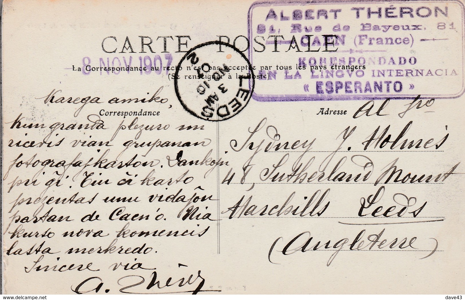 1907 French Card Of Caen To Leeds England Message In Esperanto Cachet Of French Esperantist - Esperanto