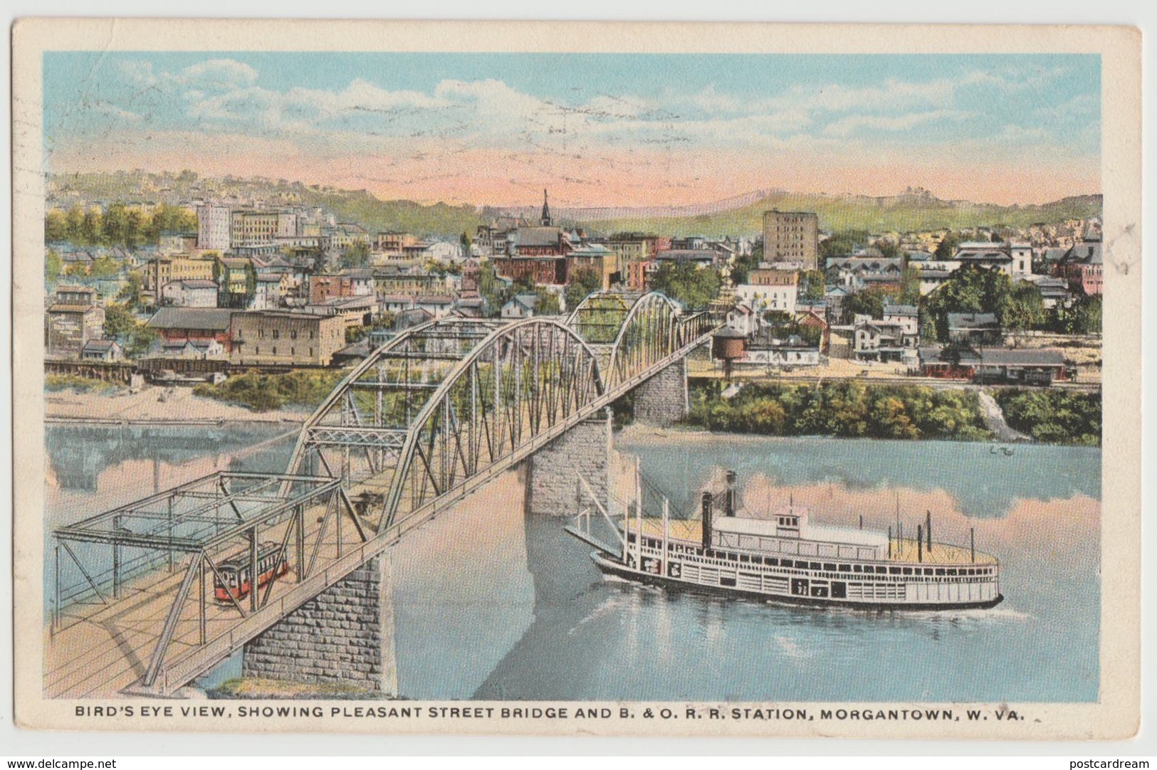 WV Morgantown Pleasant Street Bridge 1917 Steamer Postcard - Morgantown