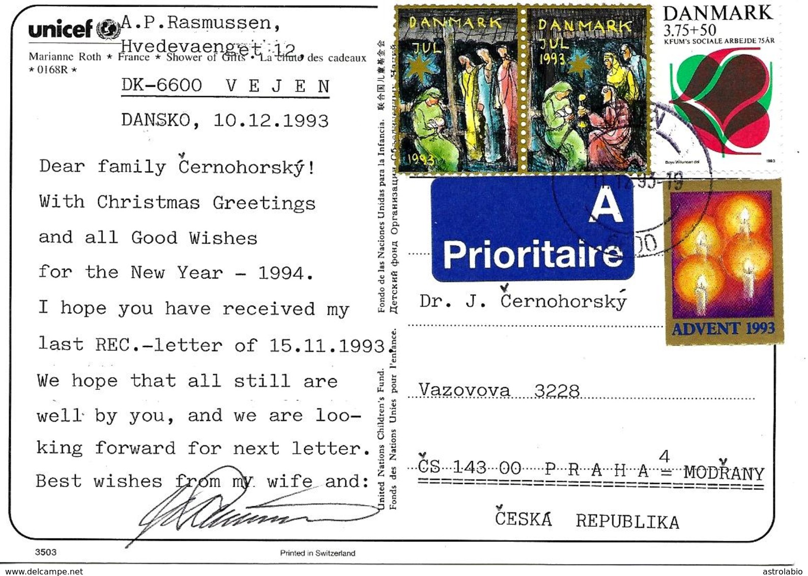 Vignettes Noël Danemark 1993 Sur Carte Postal Vers Tchecoslovaquie - Franking Machines (EMA)