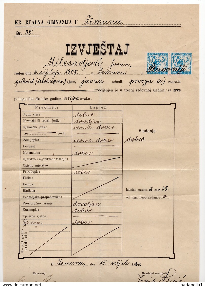 15.02.1920. KINGDOM OF SHS, ZEMUN, CHAIN BREAKERS, VERIGARI, 2 POSTAL STAMPS AS REVENUE - Covers & Documents