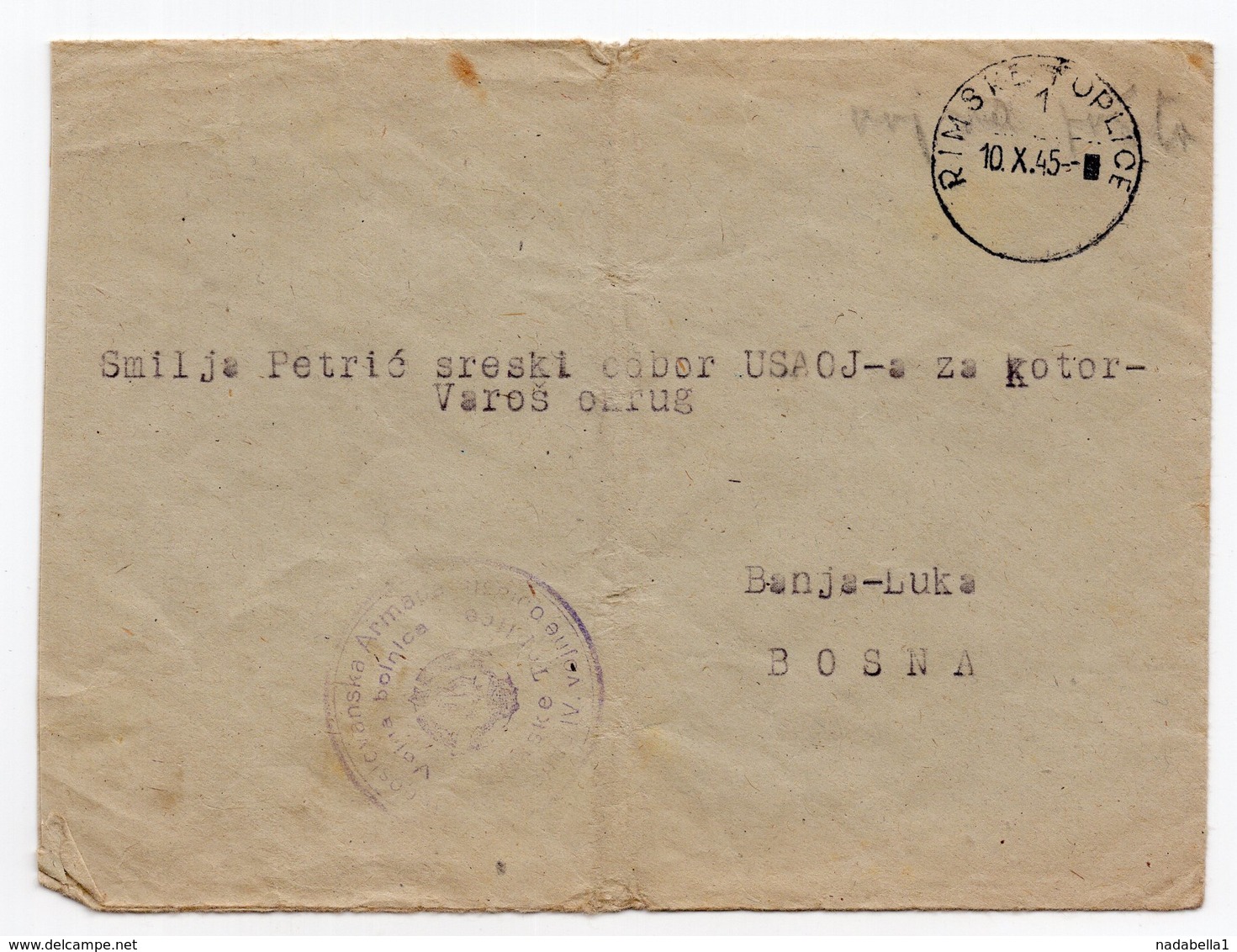 10.10.1945. YUGOSLAVIA, SLOVENIA, RIMSKE TOPLICE TO BANJA LUKA, BOSNIA, MILITARY HOSPITAL, IV ARMY, MILITARY MAIL - Covers & Documents