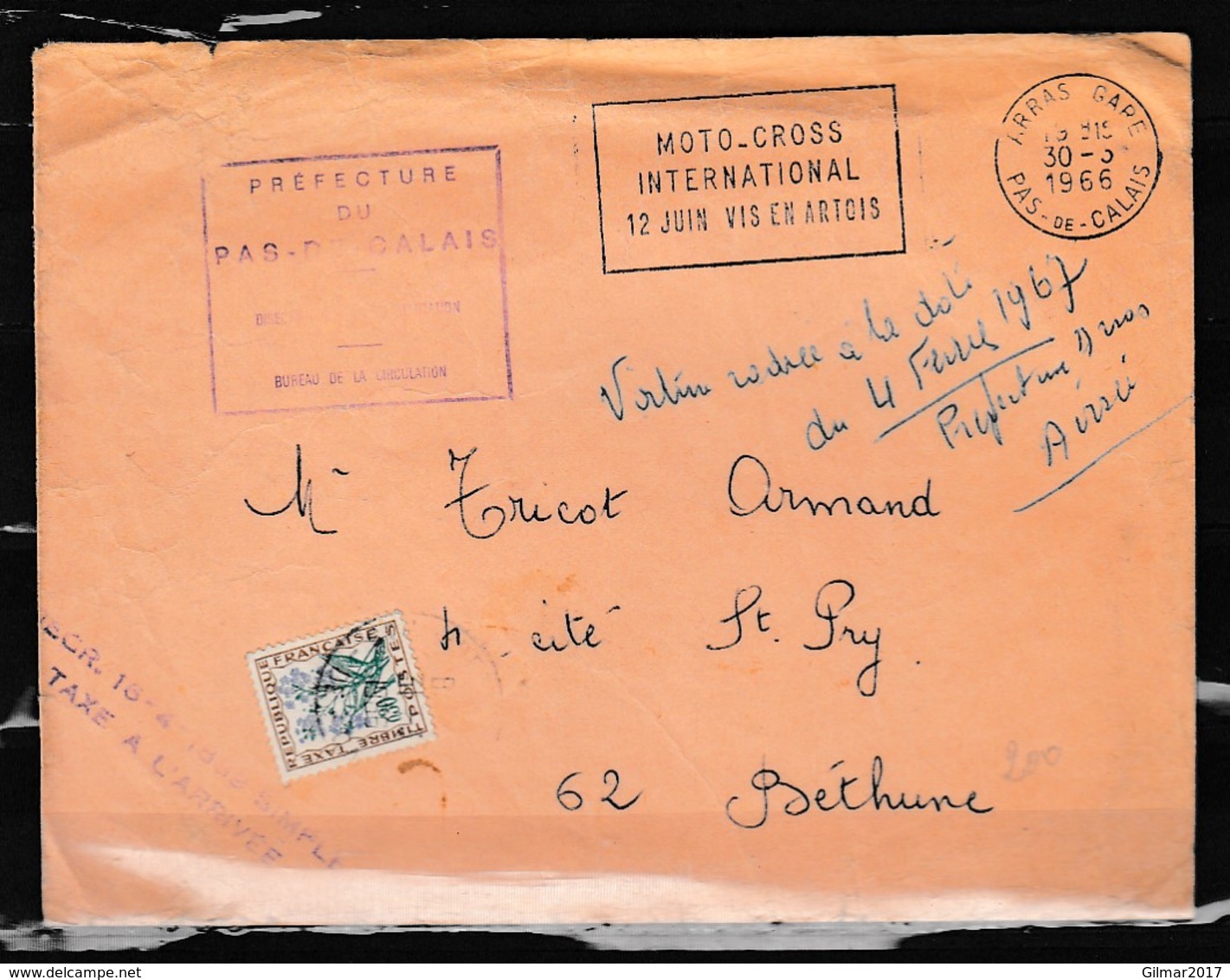 Brief Van Arras Gare Naar Bethune Moto-Cross International Préfecture Du Pas-De-Galais - Lettres & Documents