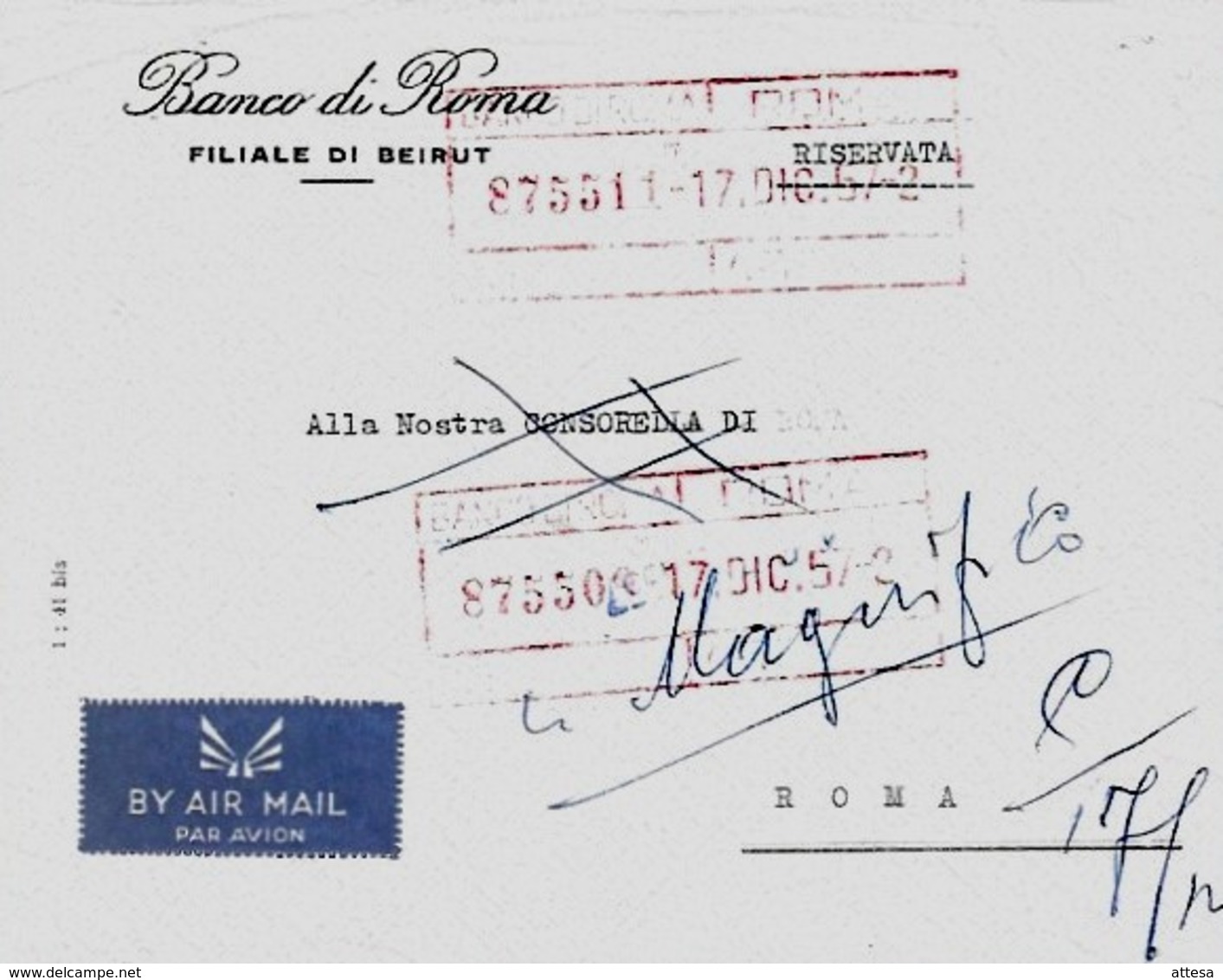 Beirut - BANCO DI ROMA - 17-12-1957 - - 1946-60: Storia Postale