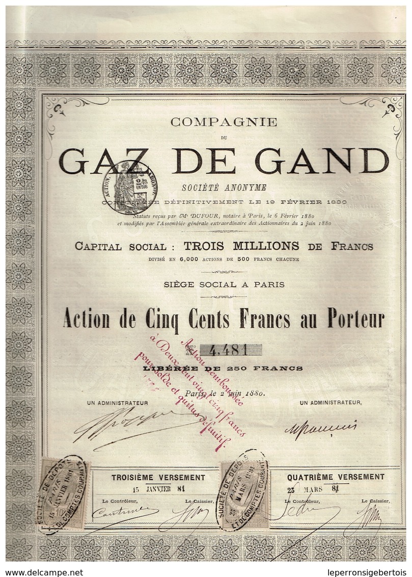 Titre Ancien - Compagnie Du Gaz De Gand - Titre De 1880 - Electricity & Gas