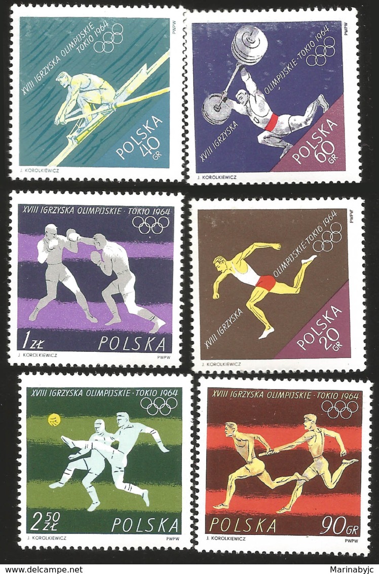 V) 1964 POLAND, SPORT, 18TH OLYMPIC GAMES, TOKYO, ROWING, WEIGHT LIFTING, RELAY RACE, BOXING, SOCCER, LONG JUMP, MN - Unused Stamps