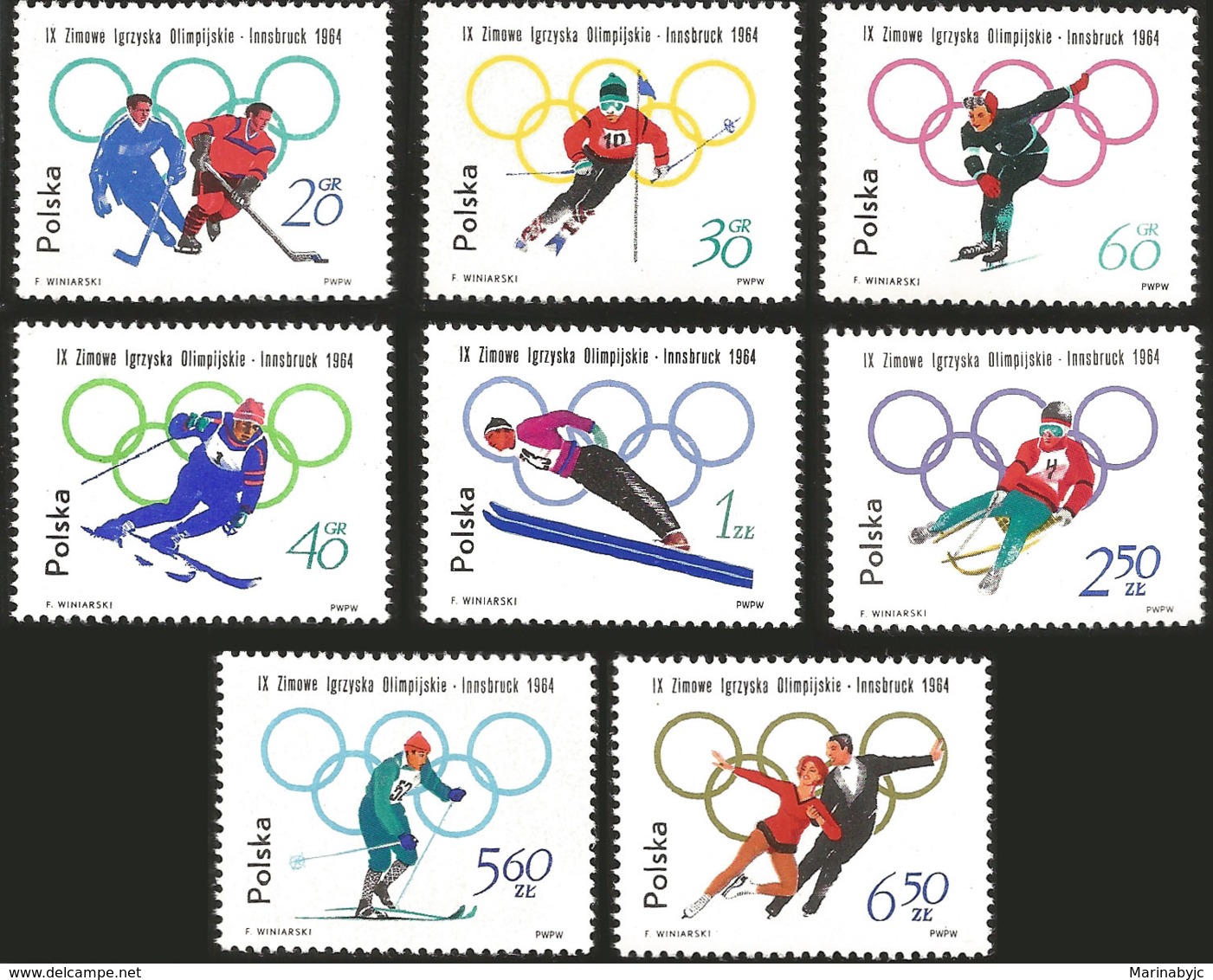 V) 1964 POLAND, SPORTS, 9TH WINTER OLYMPIC GAMES, INNSBRUCK, SLALOM, SKIING, SPEED SKATING. 1Z, SKI JUMP, MN - Unused Stamps