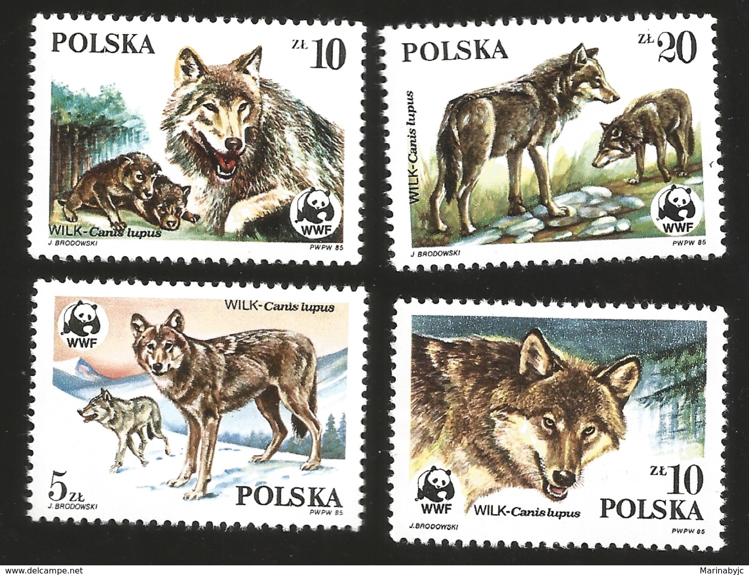 V) 1985 POLAND, ENDANGERED WILDLIFE, CANIS LUPUS, WORLD WILDLIFE FUND, WOLVES, WINTER LANDSCAPE, FEMALE, CUBS, MNH - Unused Stamps