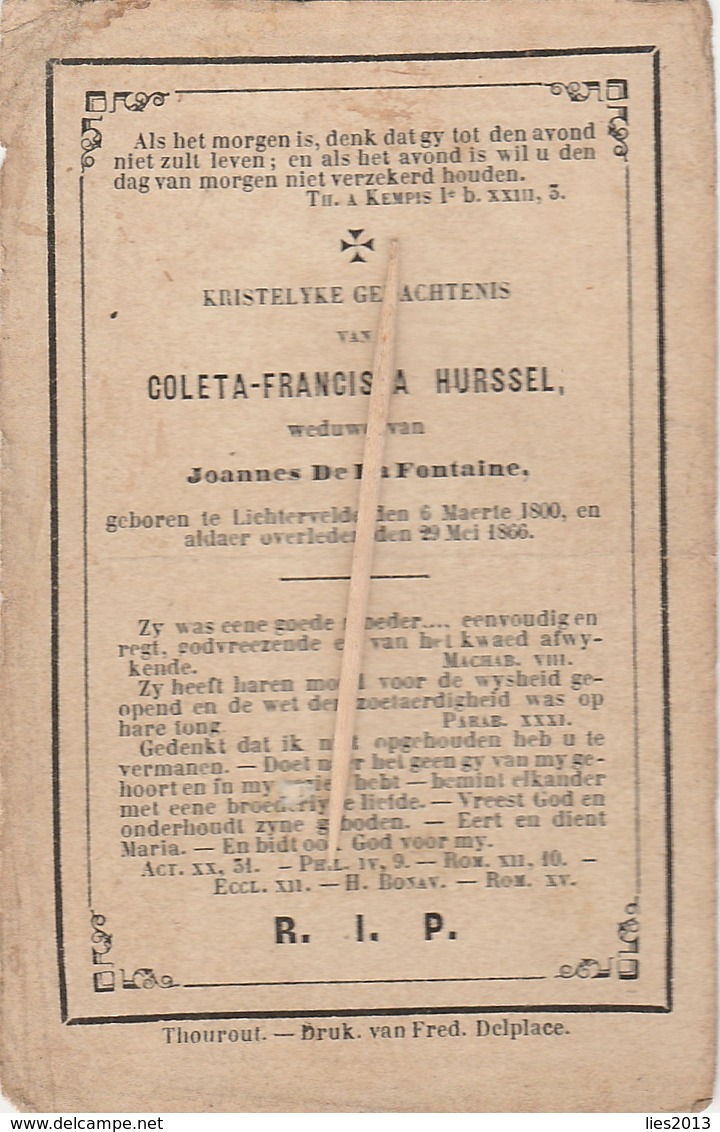 Lichtervelde, 1866, Coleta Hurssel, De La Fontaine - Religion & Esotérisme