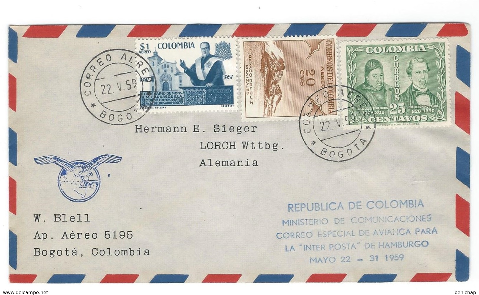 COVER CORREO COLOMBIA - BOGOTA - CORREO ESPECIAL- INTER POSTAL - ALEMANIA. - Colombia