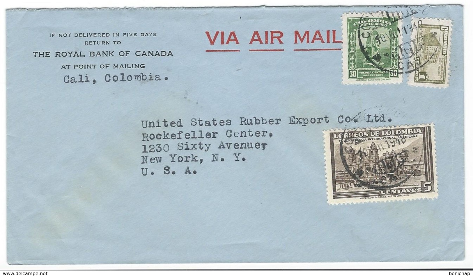 COVER CORREO COLOMBIA - VIA AIR MAIL - CALI - THE ROYAL BANK OF CANADA - ROCKEFELLER CENTER - NEW YORK. - Colombia